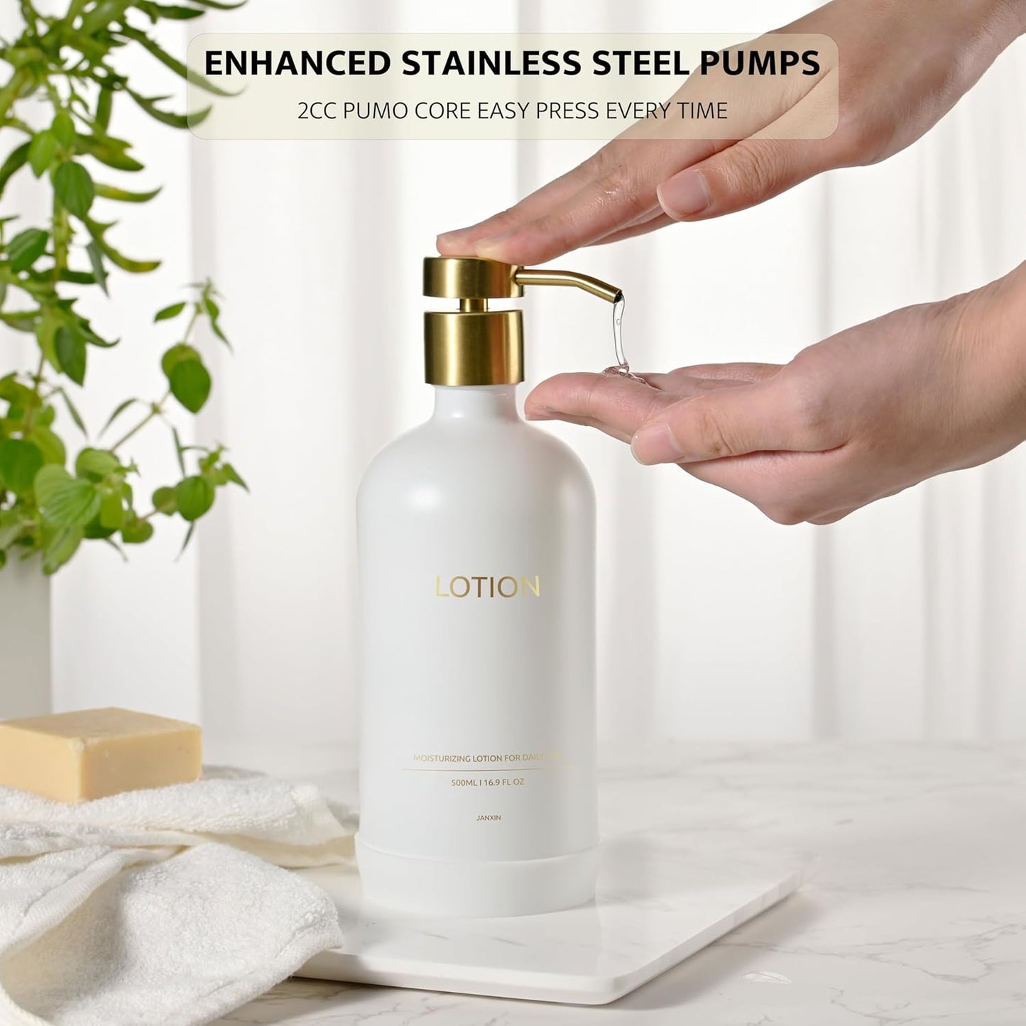 Glass Soap Dispenser Set by Janxin,Bathroom Soap Dispenser Set with Ceramic Tray,Luxury Bathroom Accessories,Modern Kitchen Decor (White+Gold(Lotion))