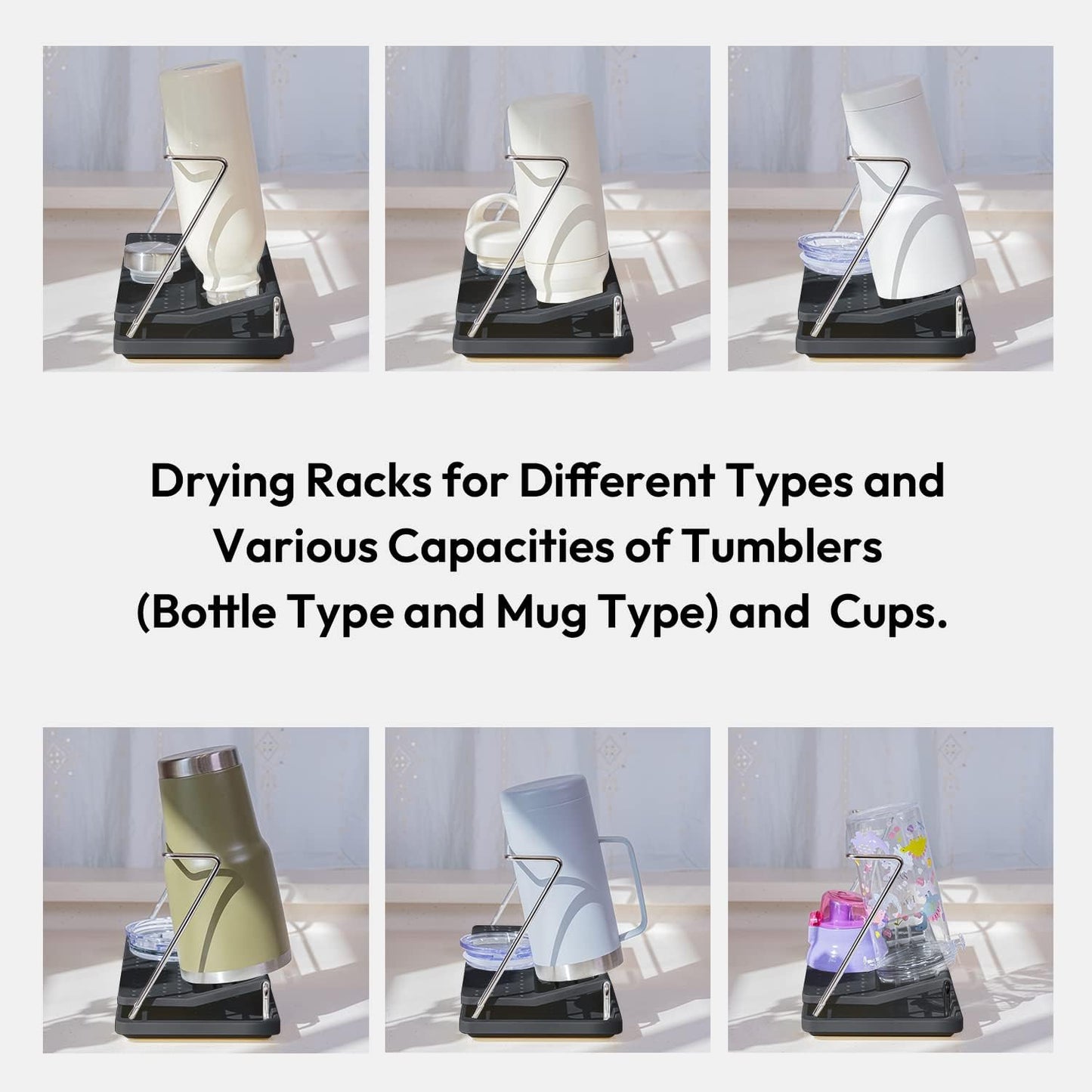 carrotez Bottle Drying Rack, Tumbler Rack with Drain Tray - Narrow and Wide Openings with Various Capacity, Mug Type and Cup Type - Black