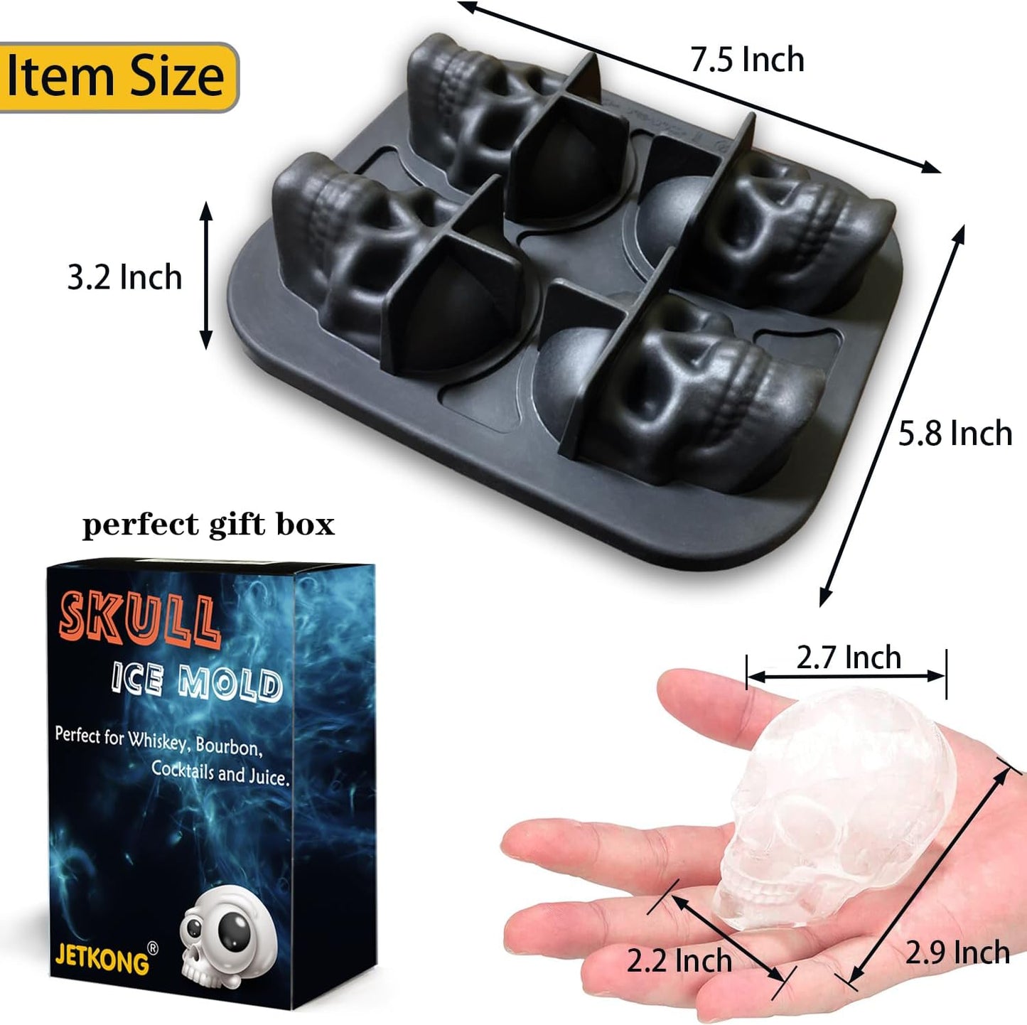 JETKONG Large Skull Ice Mold - 4 Cavity Silicone Skull Ice Maker - Ice Cube Tray for Whiskey, Bourbon, Cocktails and Juice