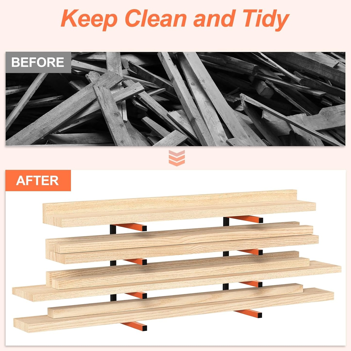 NANANARDOSO Wall Mount Wood Organizer and Lumber Storage,Heavy Duty Metal Shelf with 4-Level,Lumber Metal Racks for Indoor and Outdoor Use,4 Pack