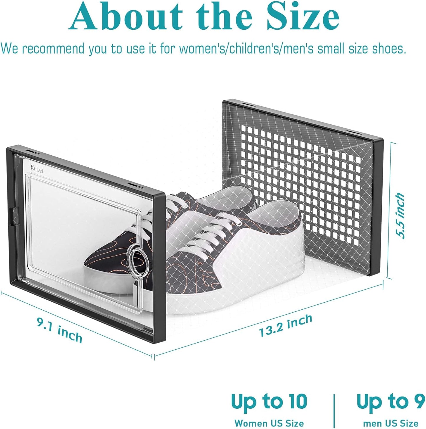 Kuject Large Shoe Organizers Storage Boxes for Closet, 12 Pack Clear Plastic Stackable Storage Bins with Lids, Under Bed Shoe Containers for Entryway, Drop Front, Fit up to Women's Size 10,Black