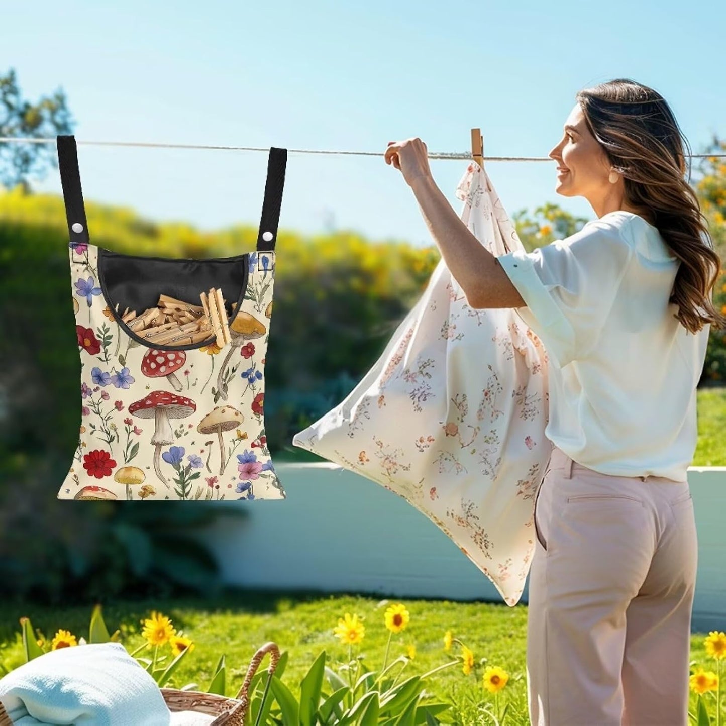 Mushroom Clothespin Bag with Hanging Hook - 12 x 14.6 Inch Waterproof Laundry Clothespin Holder