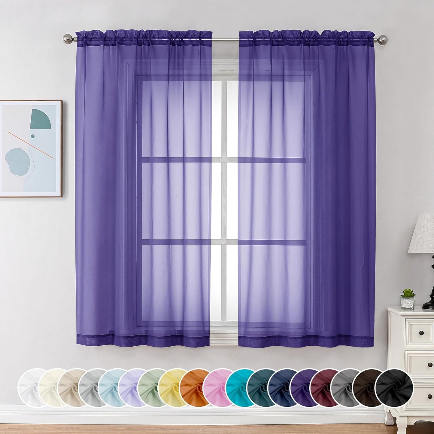 Chyhomenyc Purple Sheer Curtains 54 Inch Long 2 Panels, Light Filtering Rod Pocket Voile Short Curtains Drapes for Living Room Bedroom Small Windows, 42Wx45L Inches