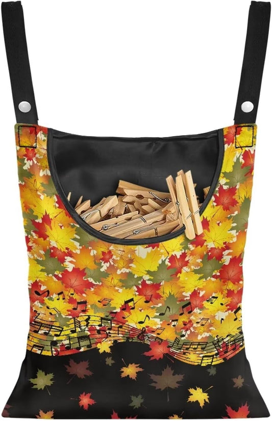 Maple Leaf Handy Laundry Clothespin Bag Holds 100 Medium-Sized Clothes Pins, Music Notes Waterproof Polyester Material, 2 Ropes for Hanging and Effortlessly Sliding on Clothesline