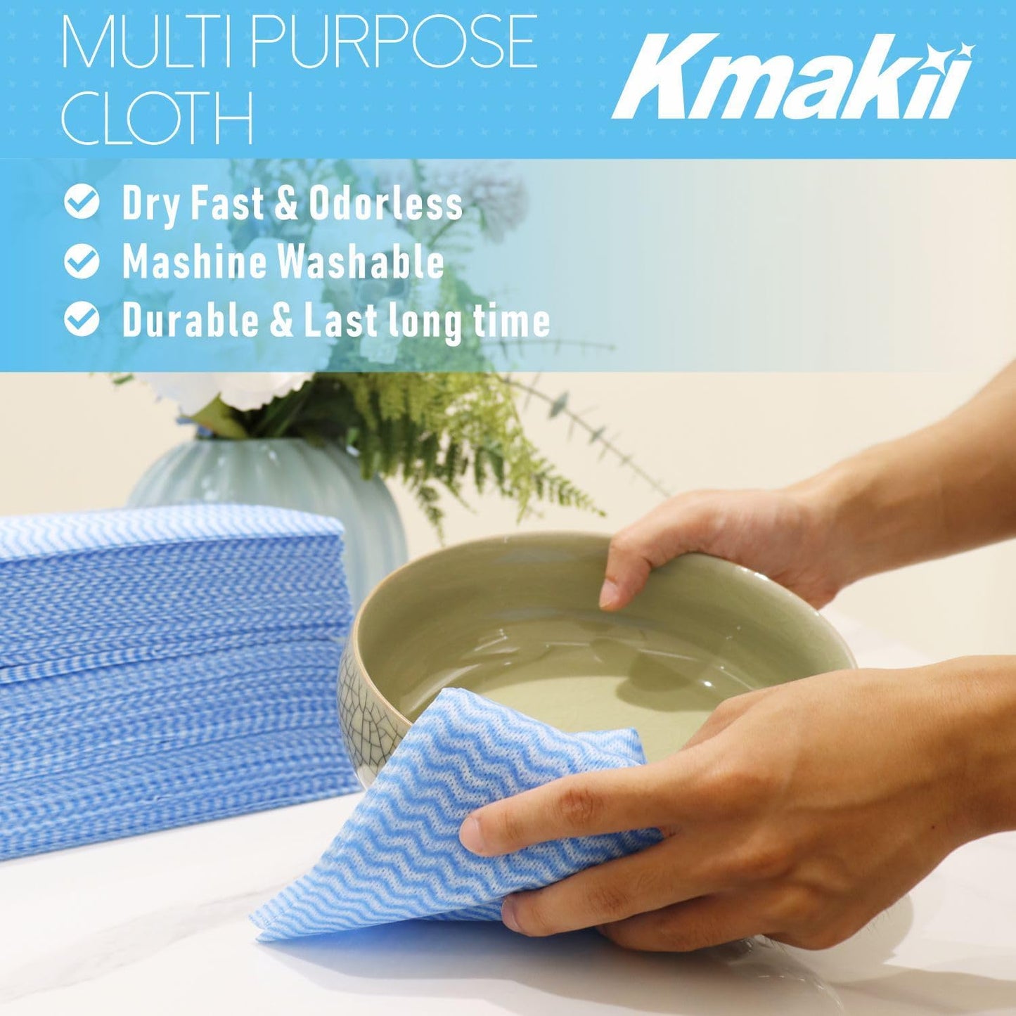 KMAKII Handi Wipe Reusable Cloths - Multi-Purpose Disposable Dish Cloths and Towels, Ultra Absorbent, Fast-Dry, Durable Cleaning Wipes for Kitchen and Home, Blue, 11.8 x 21 inches, Pack of 80