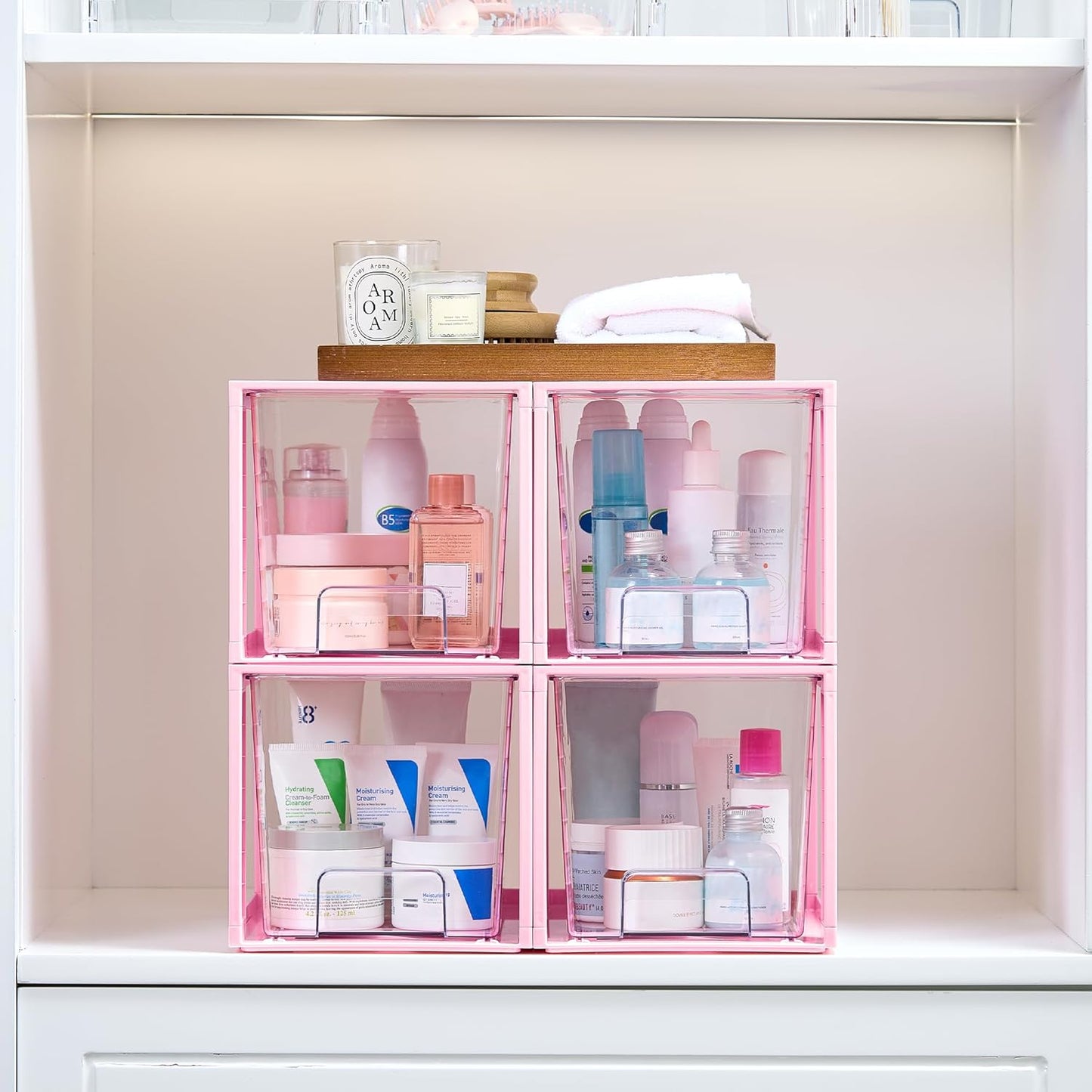 Vtopmart 4 Pack Large Stackable Storage Drawers,Pink,Easily Assemble Acrylic Bathroom Closet Undersink Organizers and Storage,Plastic Bins for Kitchen Cabinets,Pantry,Makeup,Medicine Organization