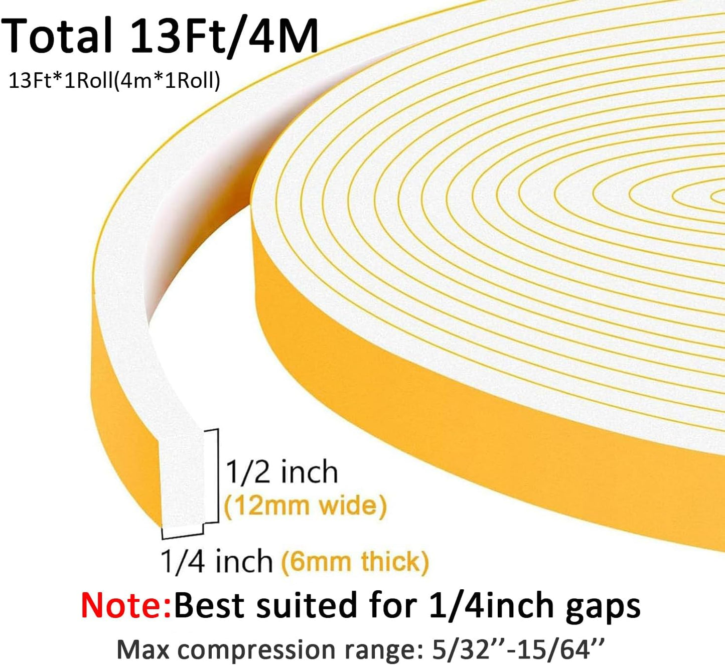 Strong Adhesive Weather Stripping, High Density Weatherproof Weather Stripping Door Seal Strip for Sliding Door, Windows,Noise-Reduction Foam Sealing Strip, White(1/2 in x 1/4 in x 13Ft)