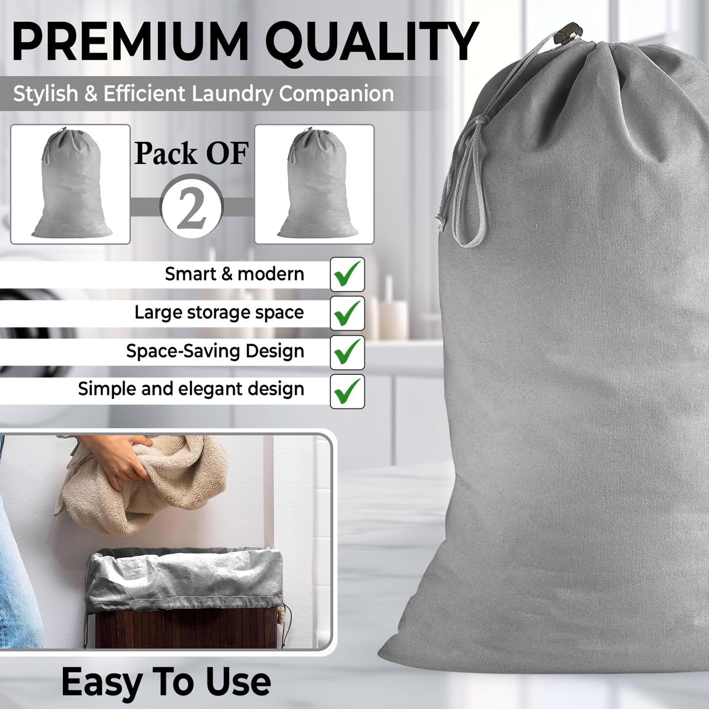 2 Pack - Extra Large Cotton Laundry Bag, Heavy Duty Large Laundry Bags 24 x 36 inch XL Drawstring Travel Organizer Bag Fit Hamper Basket Camp (Light Gret, Pack of 2)