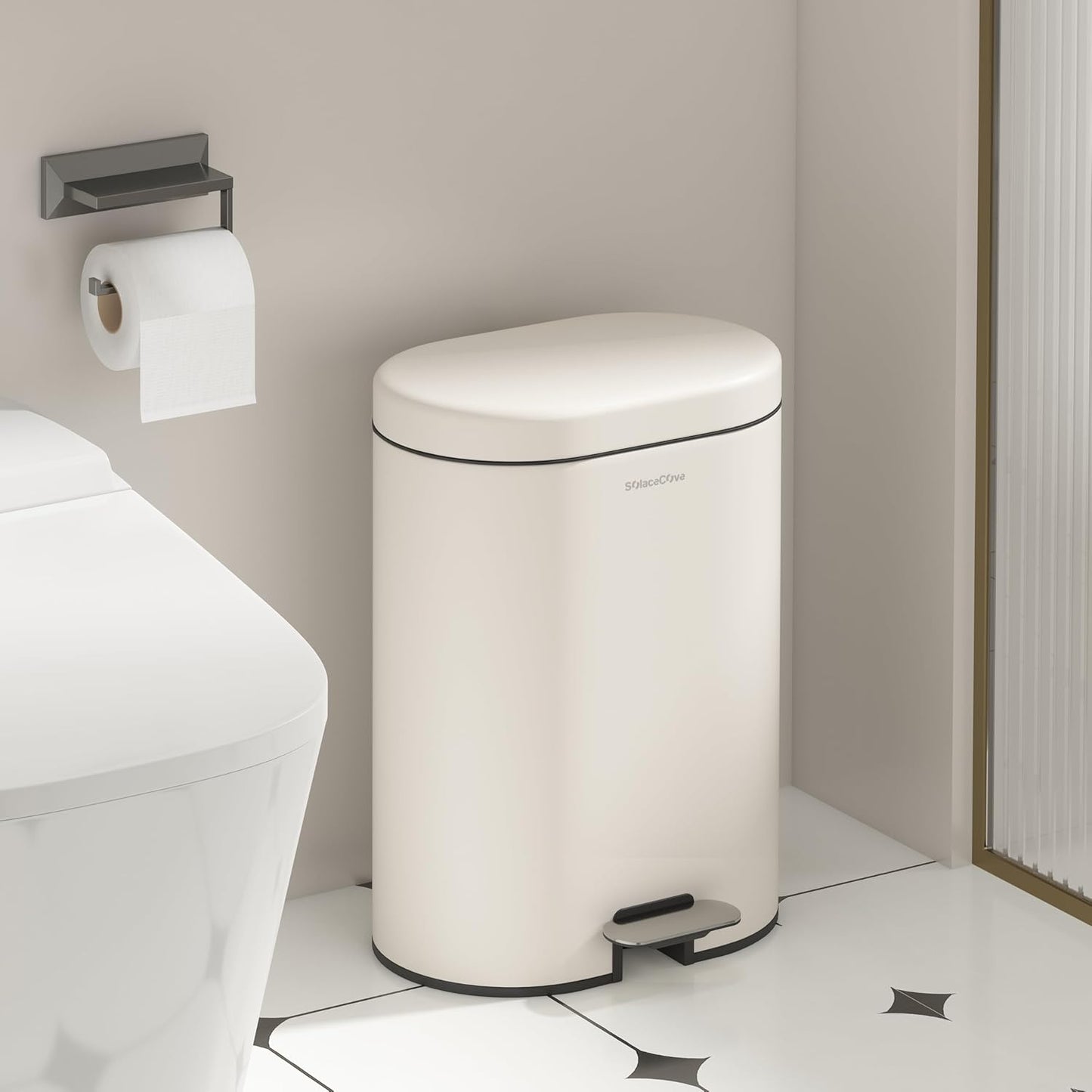 3.2Gallon Bathroom Trash Bin with Soft Close Lid,Oval Brushed Stainless Steel Garbage Can with Removable Inner Bucket,Office Trash Can with Foot Pedal for Bedroom,Living Room(Cream White)