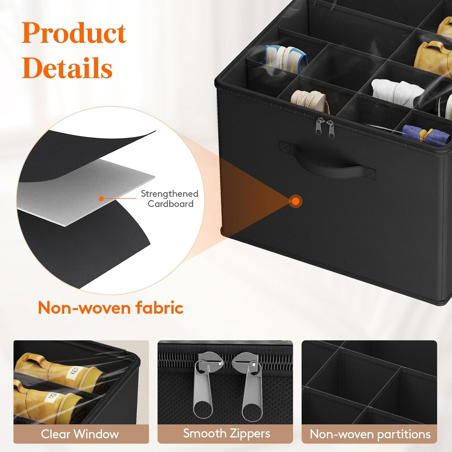 Lifewit Shoe Storage Organizer for Closet Fits 12-16 Pairs, Fabric Large Shoe Box Storage Container with Clear Cover, Foldable Bins Fit for Boots Heels Sneakers 17"(L) x 17"(W) x 12.5"(H) 1 Pack Black