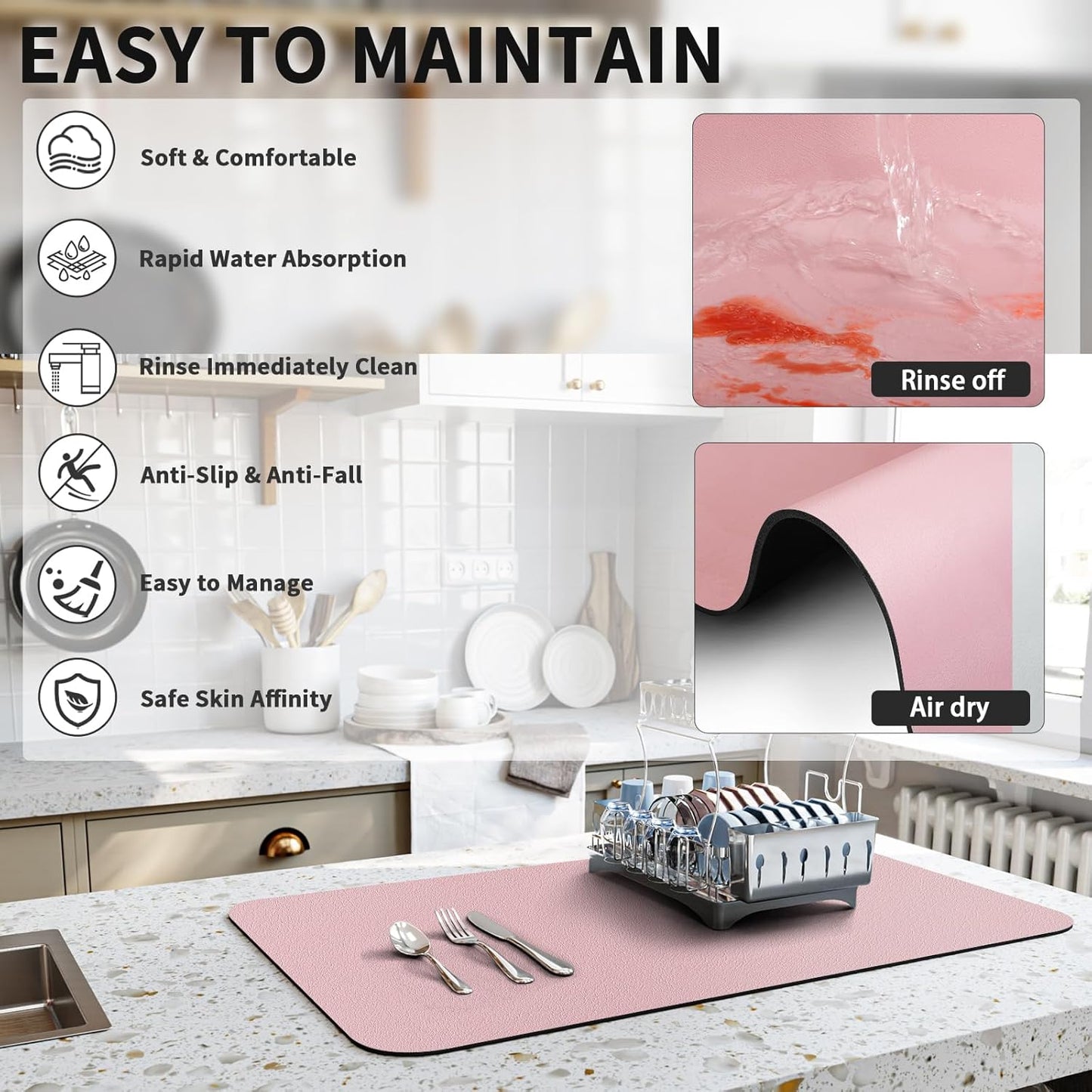 Dish Drying Mat for Kitchen Counter, Heat Resistant Drainer Mats with Non-slip Rubber Backed, Hide Stain Kitchen Super Absorbent Draining Mat, Easy to Clean Dish Rack Pad, Pink 16"x18"