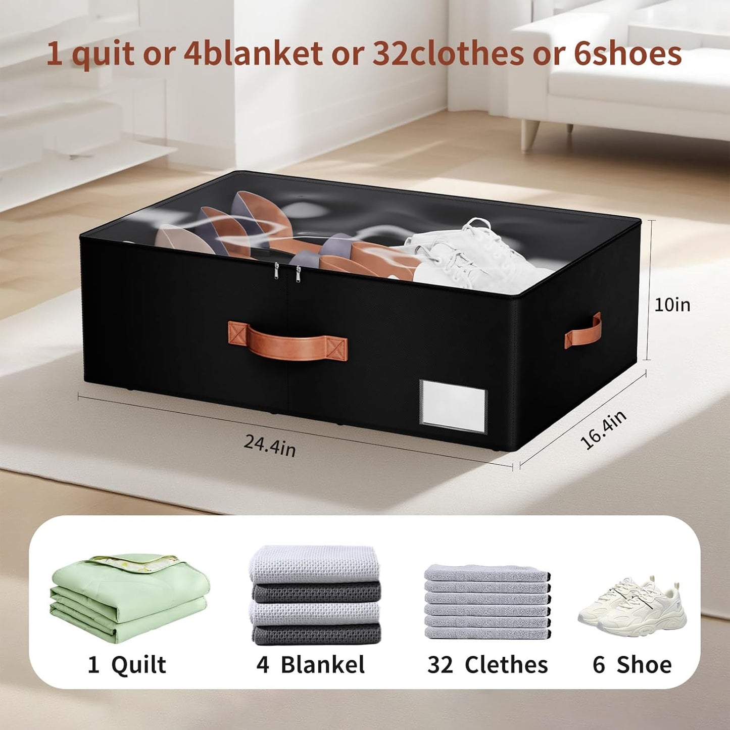 Underbed Storage With Wheels,Large Capacity 10 inches Height Storage Bins,Rolling Underbed Shoe Storage Containers,Underbed Storage Drawers for clothes & blankets (black, 10inch height)