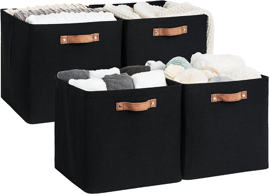 StorageWorks 13x13 Inches Storage Cube, Fabric Storage Bins with PU Handles, Collapsible Organizer Baskets for Closet, Black, 4-Pack