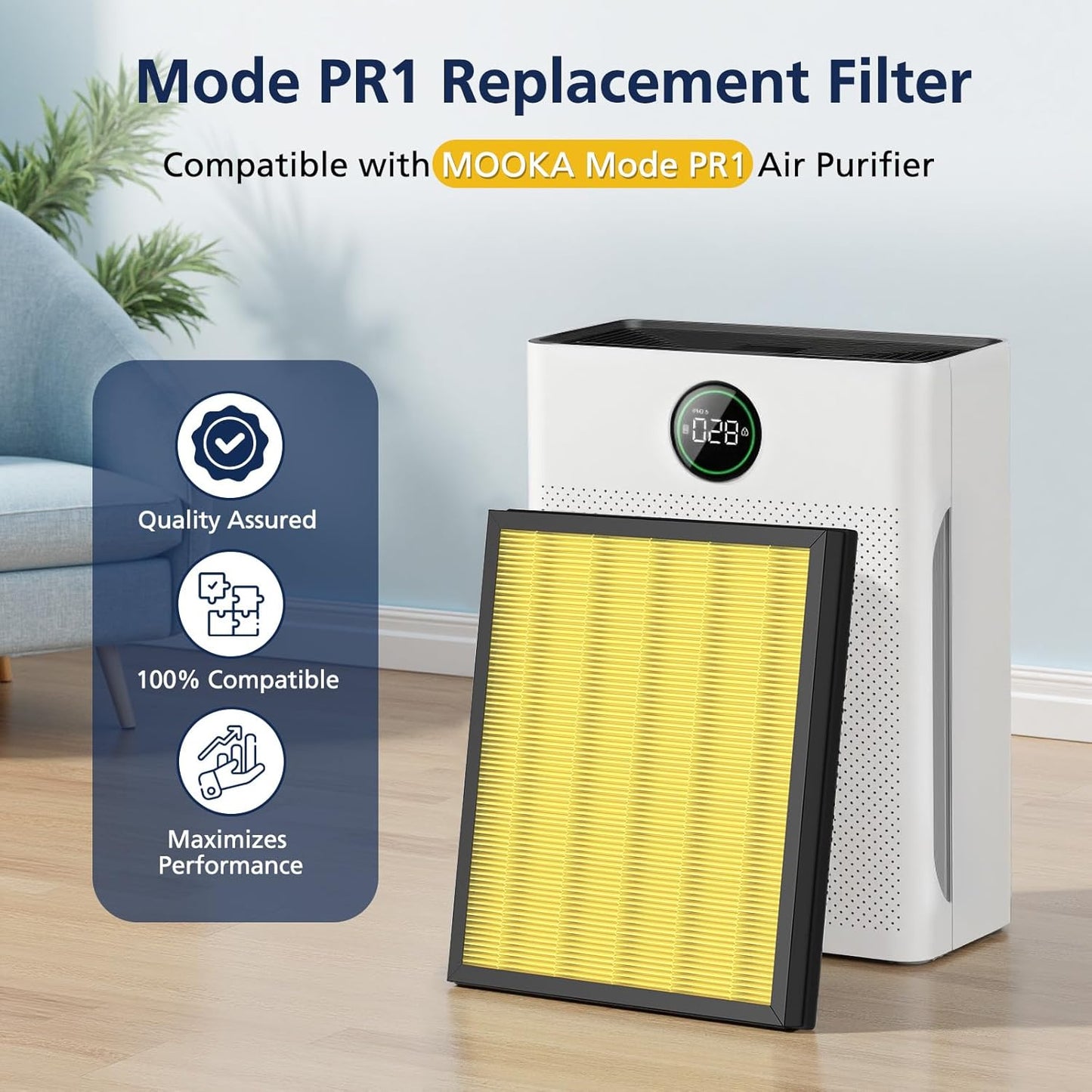 PR1 Replacement Filter for Mooka PR1 Air Purifier for Home Large Room up to 2200sq.ft, 2 Pack 3-in-1 HEPA Activated Carbon, with 4Pcs Washable Filter for Pets，Yellow