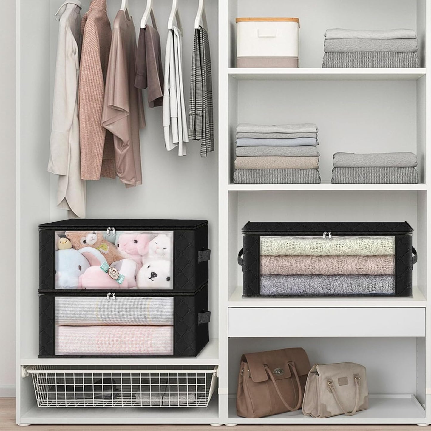 HomeHacks Storage 4-Pack Clothes Organizer Storage Bags Foldable Storage Box with Large Clear Window Sturdy Handles for Closet, Dorm, Pillows, Bedding, Clothes, Blankets, 35L, Black