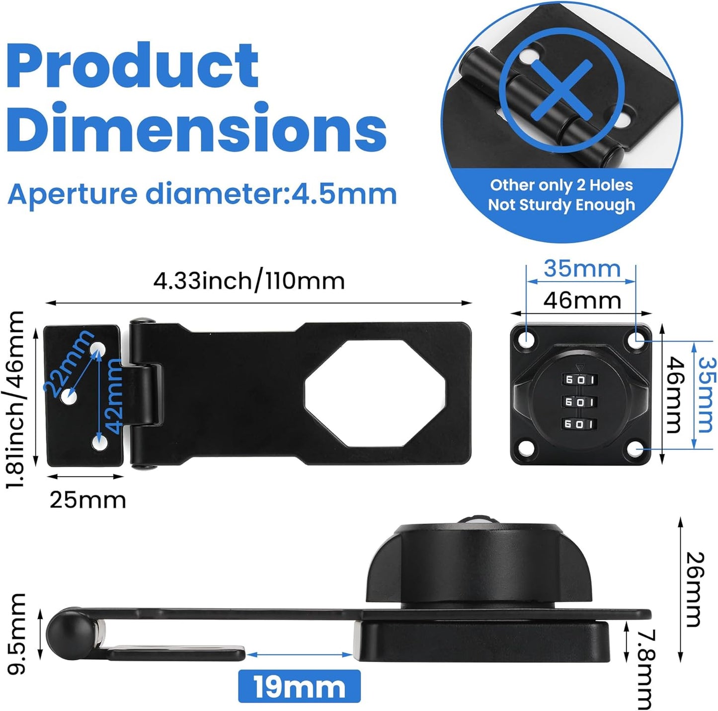 Keyless Cabinet Lock with Combination Code - 3-Digit Password Hasp Latch Lock for Drawers, Bifold Closet Door and Double Sided Door (Black, 4.5 Inch)