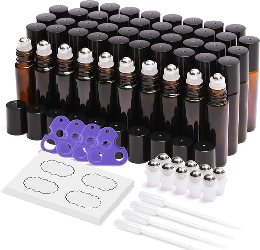 ULG 48-Pack Essential Oil Roller Bottles 10ml, Empty Bottles with Stainless Steel Roller Balls and Waterproof Labels, Amber Roller Balls For Essential Oils