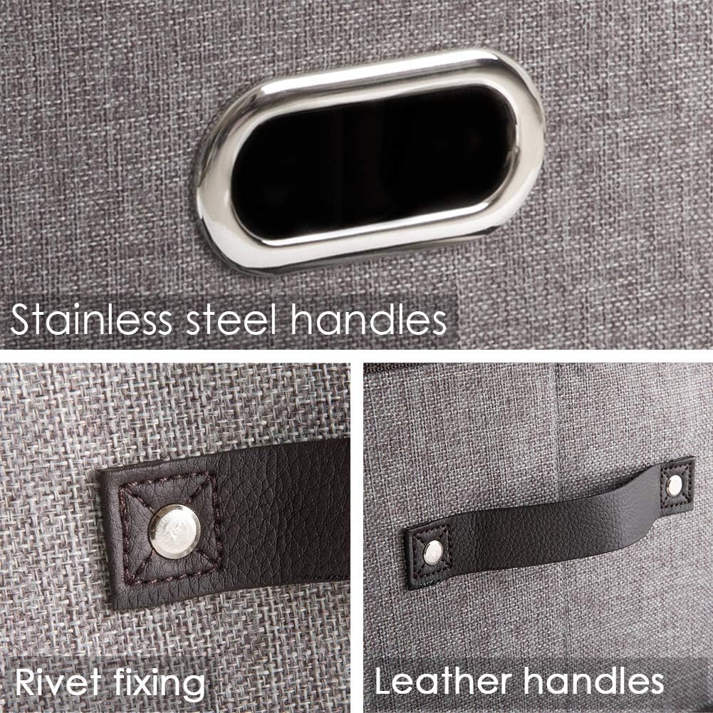 PRANDOM Fodable Storage Baskets for Closet [5-Pack] Decorative Fabric Storage Bins Cubes with Leather/Metal Handles for Shelves Bedroom Living Room Grey (11.5x8.5x6.7 Inch)