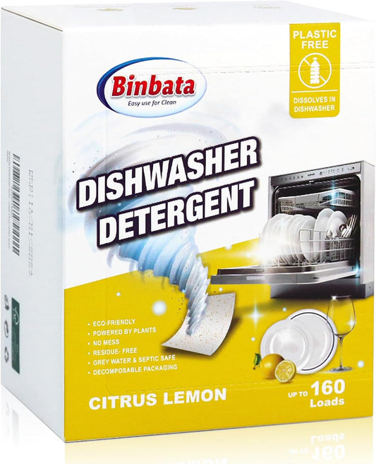 Eco Dishwasher Detergent Sheets Up To 160 Loads, Citrus Lemon Scent Plastic Free Dishwashing Soap Strips With High Efficient Solid Enzyme, Leaving Dishes Sparkling Clean