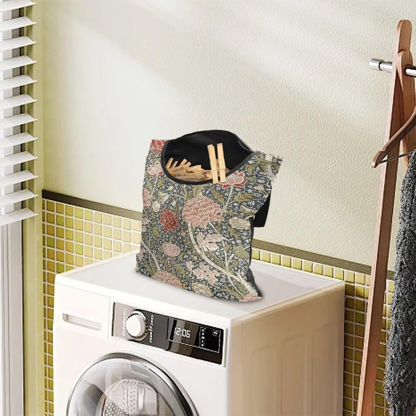 Home Clothespin Organizer 14.5"x12" - Spacious Interior with Wide Mouth Opening - Durable Hanging Storage Solution for Busy Households & Laundry Facilities Hydrangea Tree Branch Print