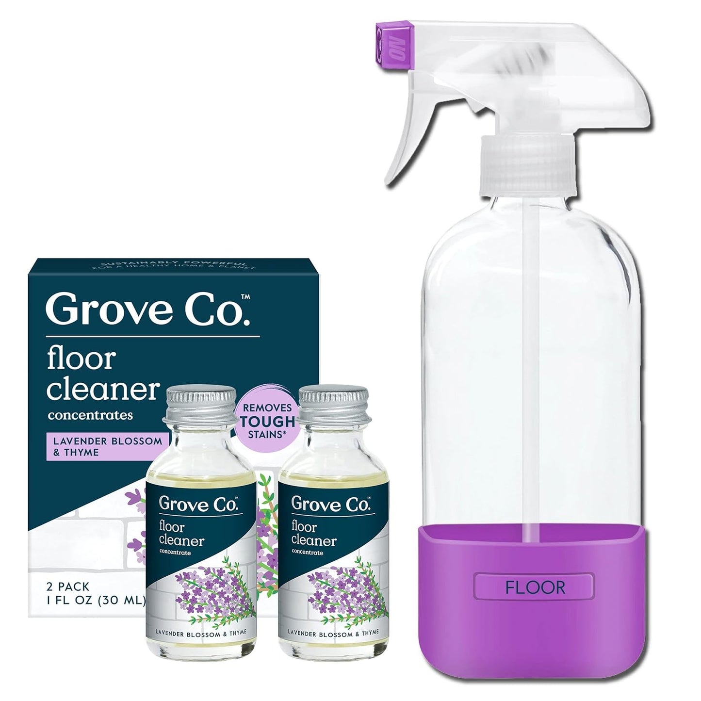 Grove Co. Floor Cleaner Refill Concentrate (2 x 1 Oz) + 1 x Durable Glass Spray Bottle (16 Oz) Plant-Based Cleaning Supplies Bundle, No Plastic Waste, 100% Natural Lavender & Thyme Scent