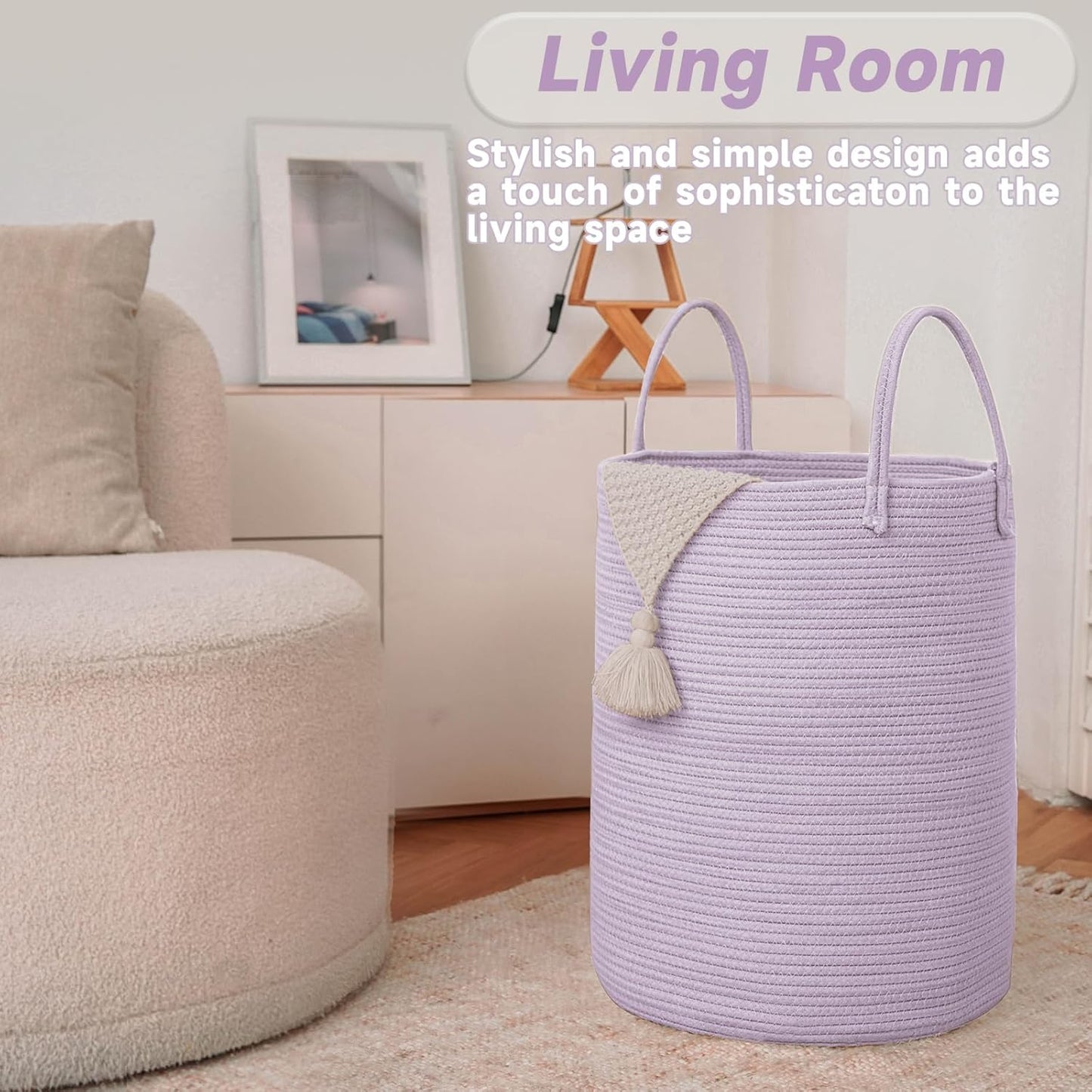 Large Woven Laundry Basket Hamper,60L Cotton Rope Storage Bin for Blankets,Toys and Clothes,Decorative Tall Nursery Hamper for Living Room,Baby Nursery,Bathroom and Bedroom,Purple