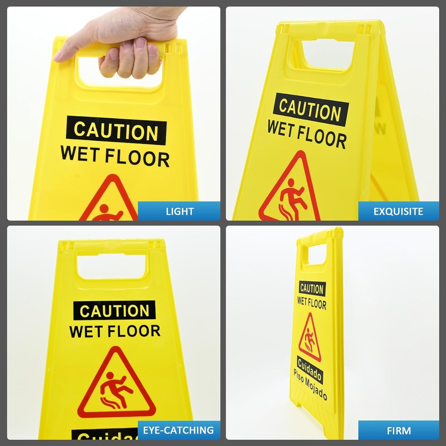 2 Pack Caution Wet Floor Sign, 17.5" Height, Bright Yellow, Double-Sided A-Frame Safety Caution Sign Commercial, Bilingual Caution Message