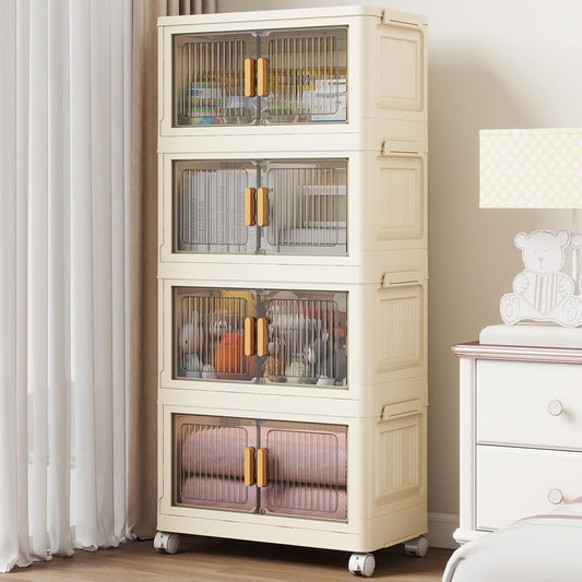 4 Tier Stackable Plastic Storage Bins with Lids 58QT, Collapsible Closet Organizers and Storage with Wheels for Living Room,Office,Dorm