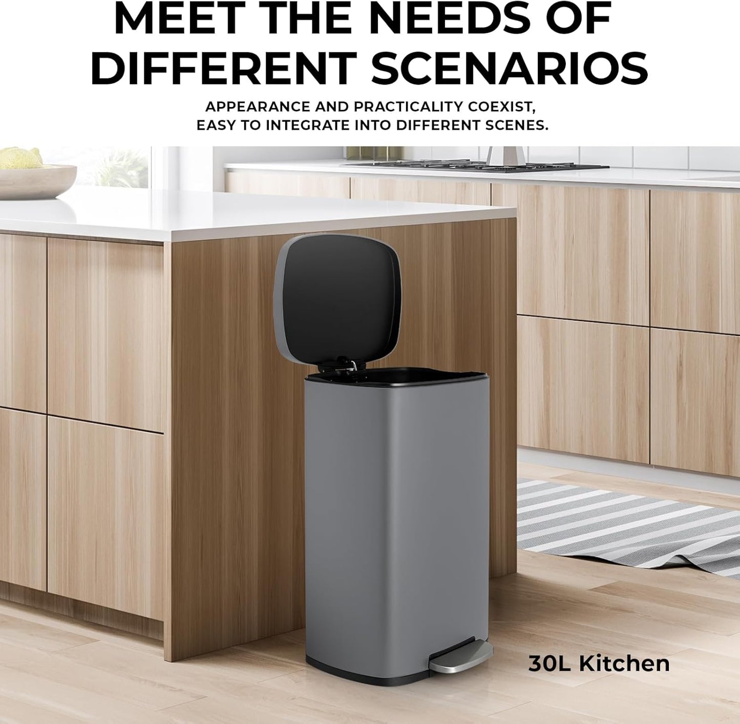 8 Gal Kitchen Trash Can, 30L Recycling or Garbage Bin, Brushed Stainless Steel Waste Basket, Soft&Quiet Close Dustbin, with Step-On Pedal, Removable Inner Bucket, for Home, Office, Living Room