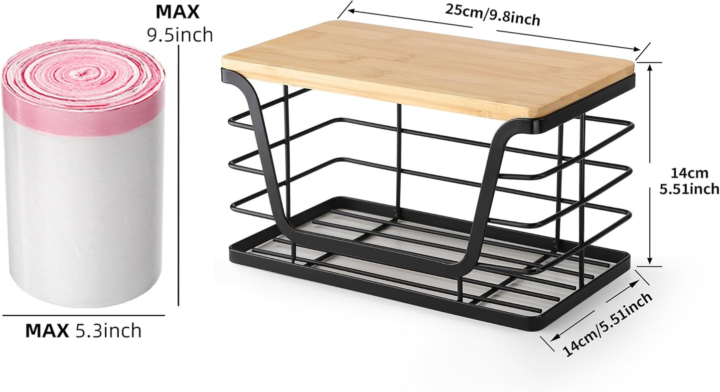 ALOCEO Small Wall Basket, Stainless Steel Adhesive Cabinet Door Organizer with Bamboo Top for Kitchen, Cabinet, Pantry, Black