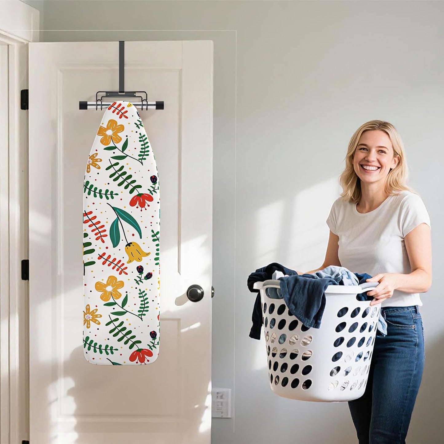 Over The Door & Wall Mount Ironing Board Hanger with Removable Hook, Metal Ironing Board Holder Organizer Wall Rack for Y & T Shaped (Black)