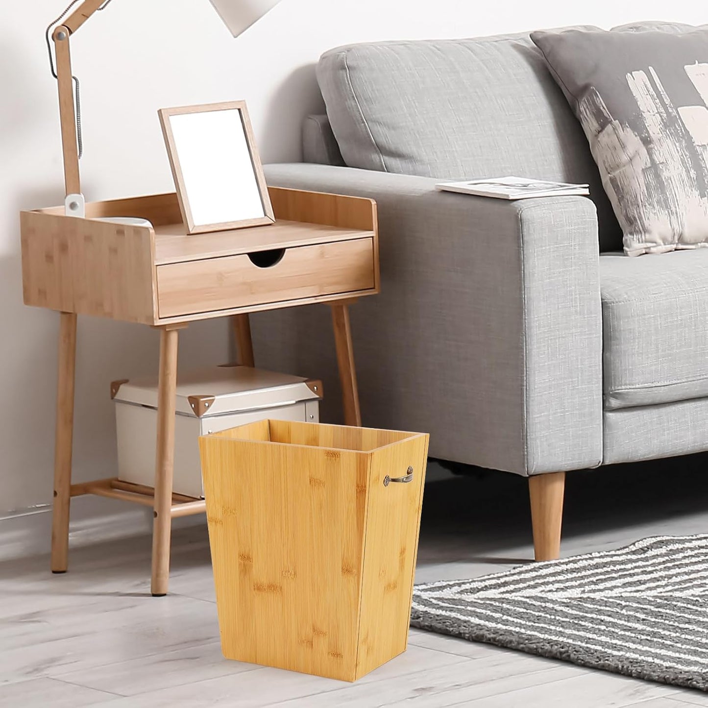 SEHERTIWY Wood Trash Can, Farmhouse Wastebasket Bin for Bathroom, Office, Bedroom, Living Room, Small Square Rustic Garbage Container with Metal Handle (Wood-Black-Handle)