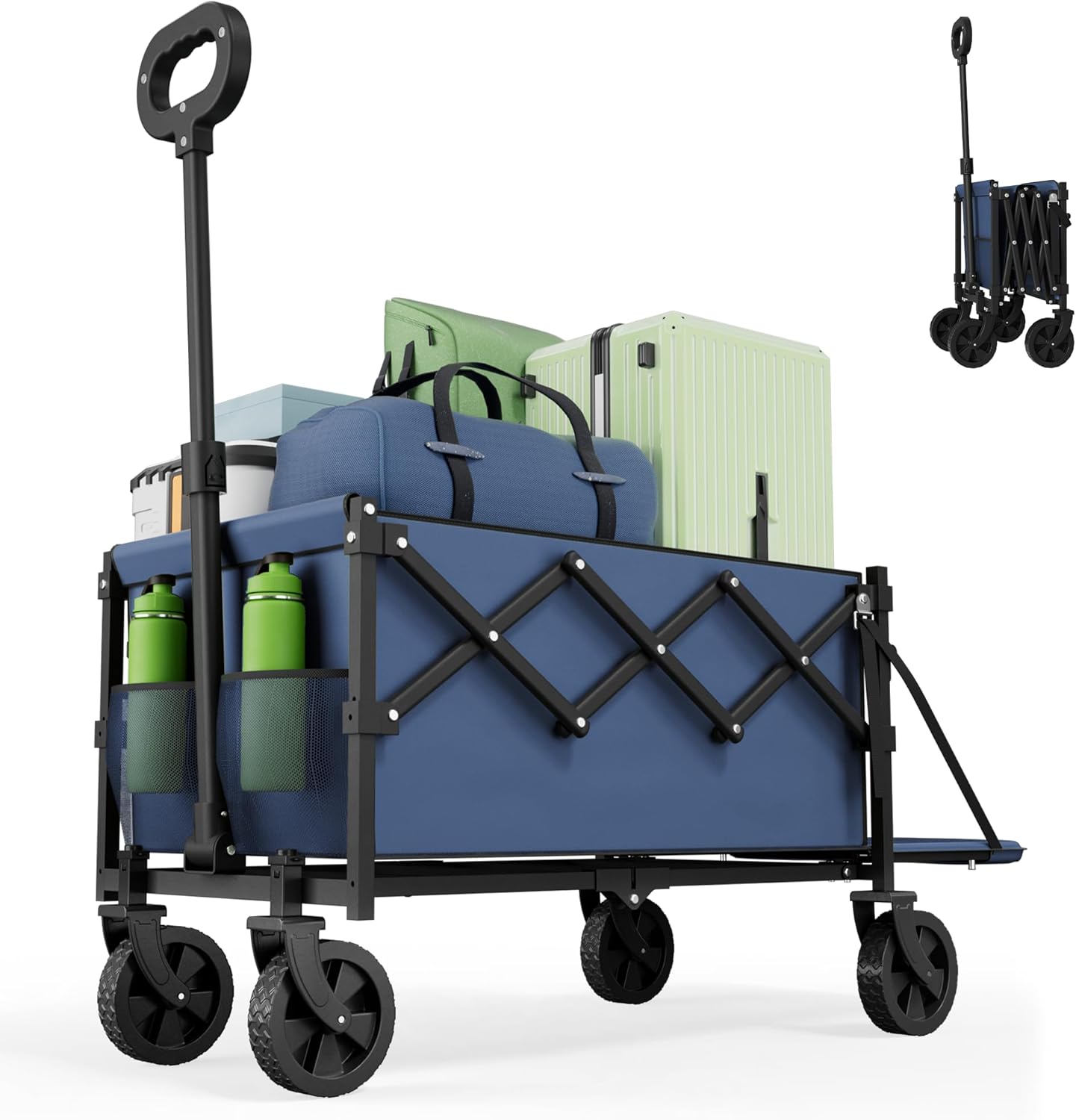 Collapsible Folding Wagon with Tailgate, Wagons Carts Foldable with 350lbs Capacity, Lightweight Portable Utility Wagon Cart for Shopping Camping Sports Garden (Navy)
