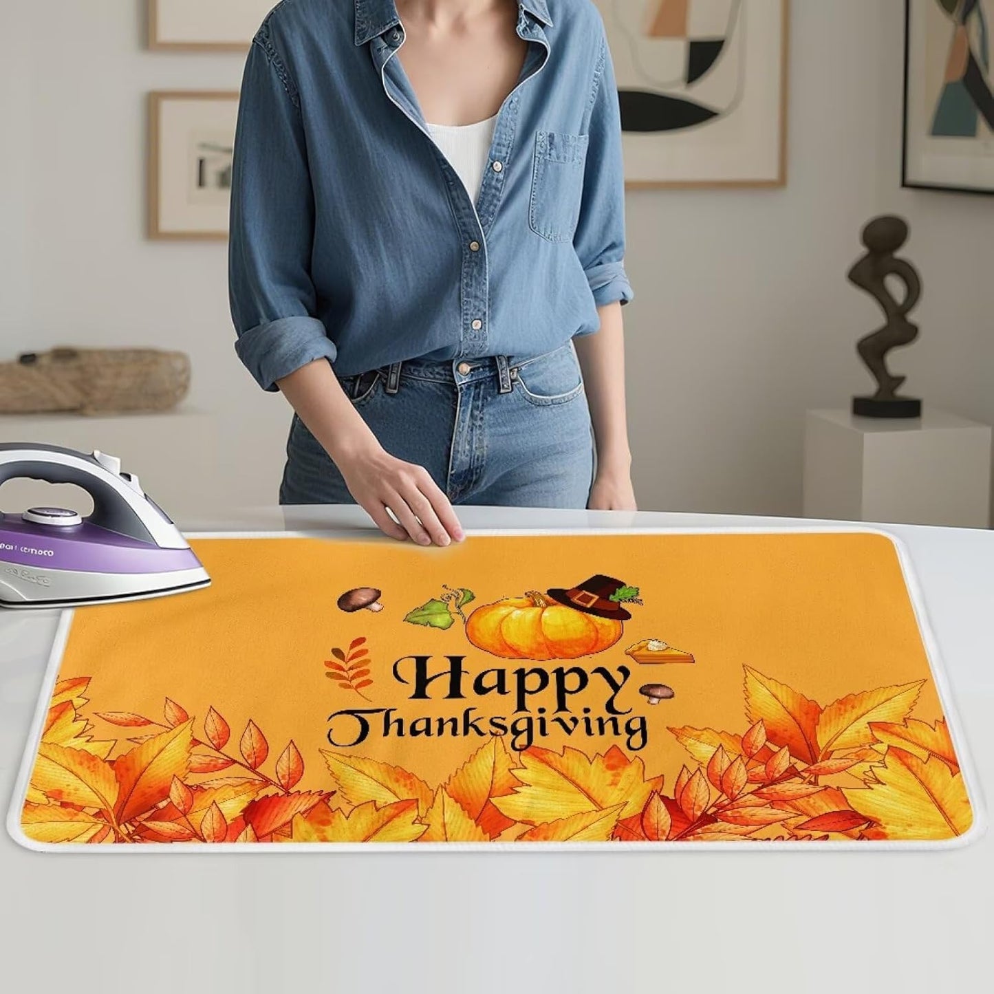 Yellow Ironing Mat Pumpkin Ironing Board Pad Heat Resistant, Portable, Quilting & Travel Blanket 32 x 16 Inch Thanksgiving Small Ironing Mat for Table Top,Countertop,Etc