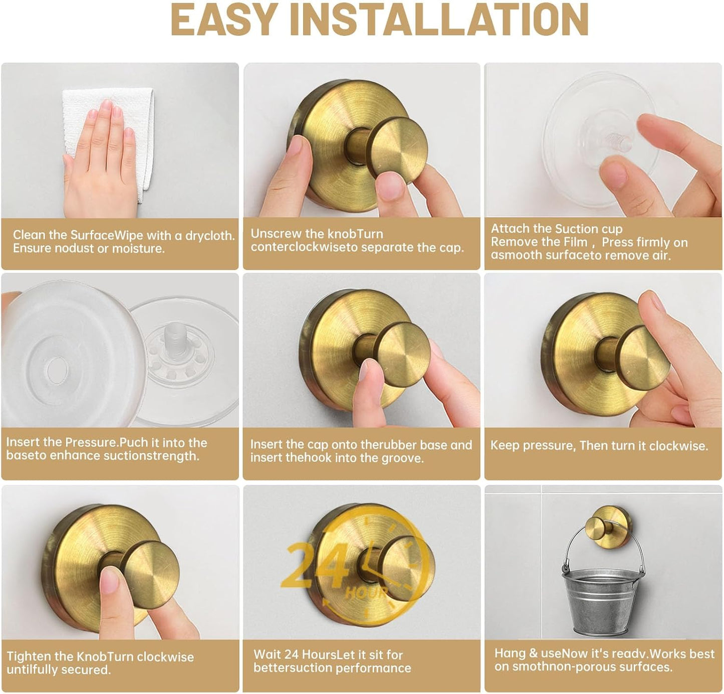 4 Pcs Suction Cup Hooks for Shower，Removable Hooks，Towel Hook，Suction Hook for Bathroom, Bedroom, Glass Window (Gold)