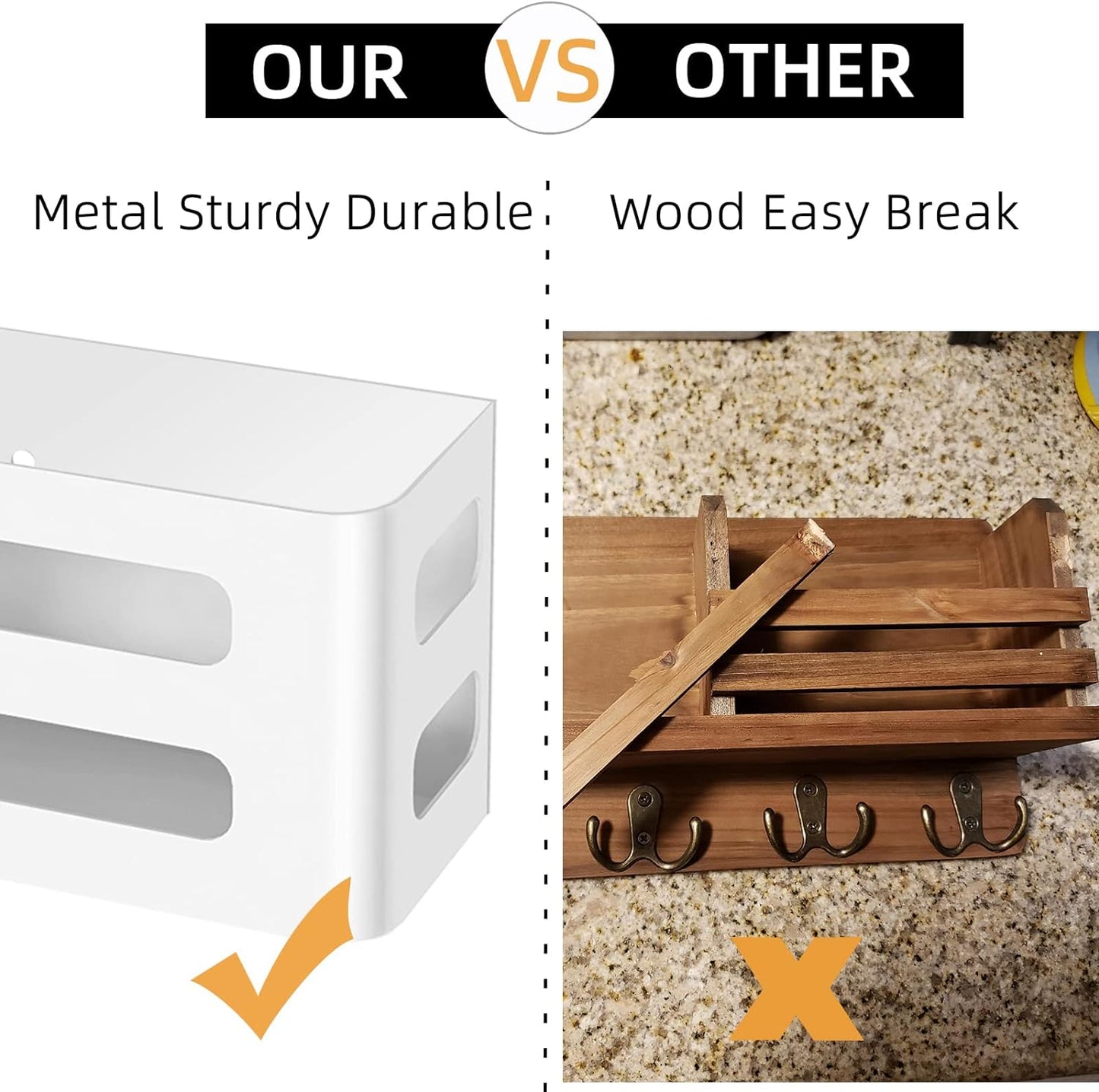 MKO Key Holder for Wall, 12.2In Mail Organizer Holder with Shelf, Metal Key Rack Adhesive Wall Mount, White