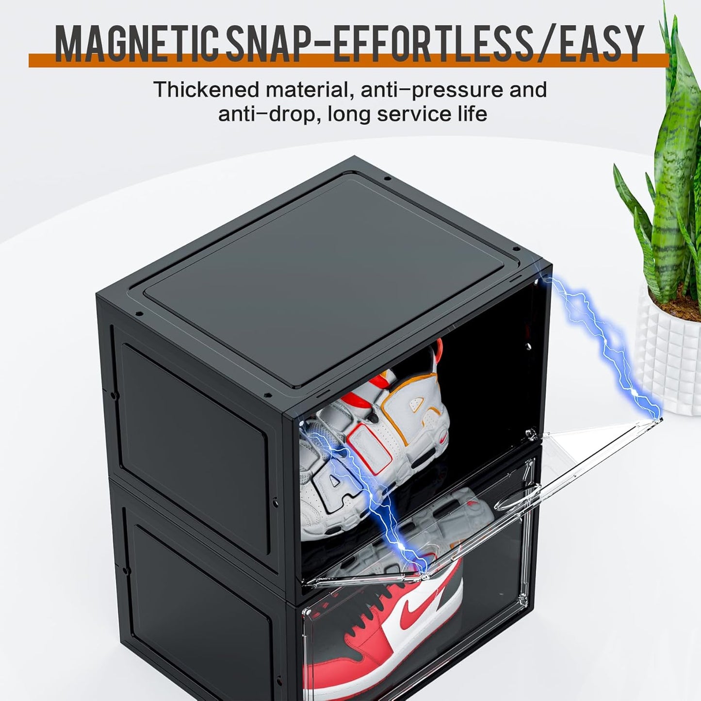 KEFA XL Shoe Storage Box Organizer, 6 Pack Shoe Boxes Clear Plastic Stackable, Sneaker Display Case Container Fit for US 13 (Side 6 PACK BLACK)