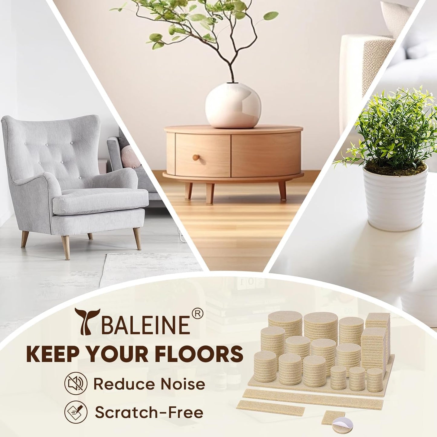 BALEINE 141PCS Felt Furniture Pads, Multi-Size Felt Pads for Chair Legs, Tables, Beds, Scratch-Reducing Floor Protectors for Hardwood Floors, Tile, Vinyl, and Laminate (141PCS, Beige)