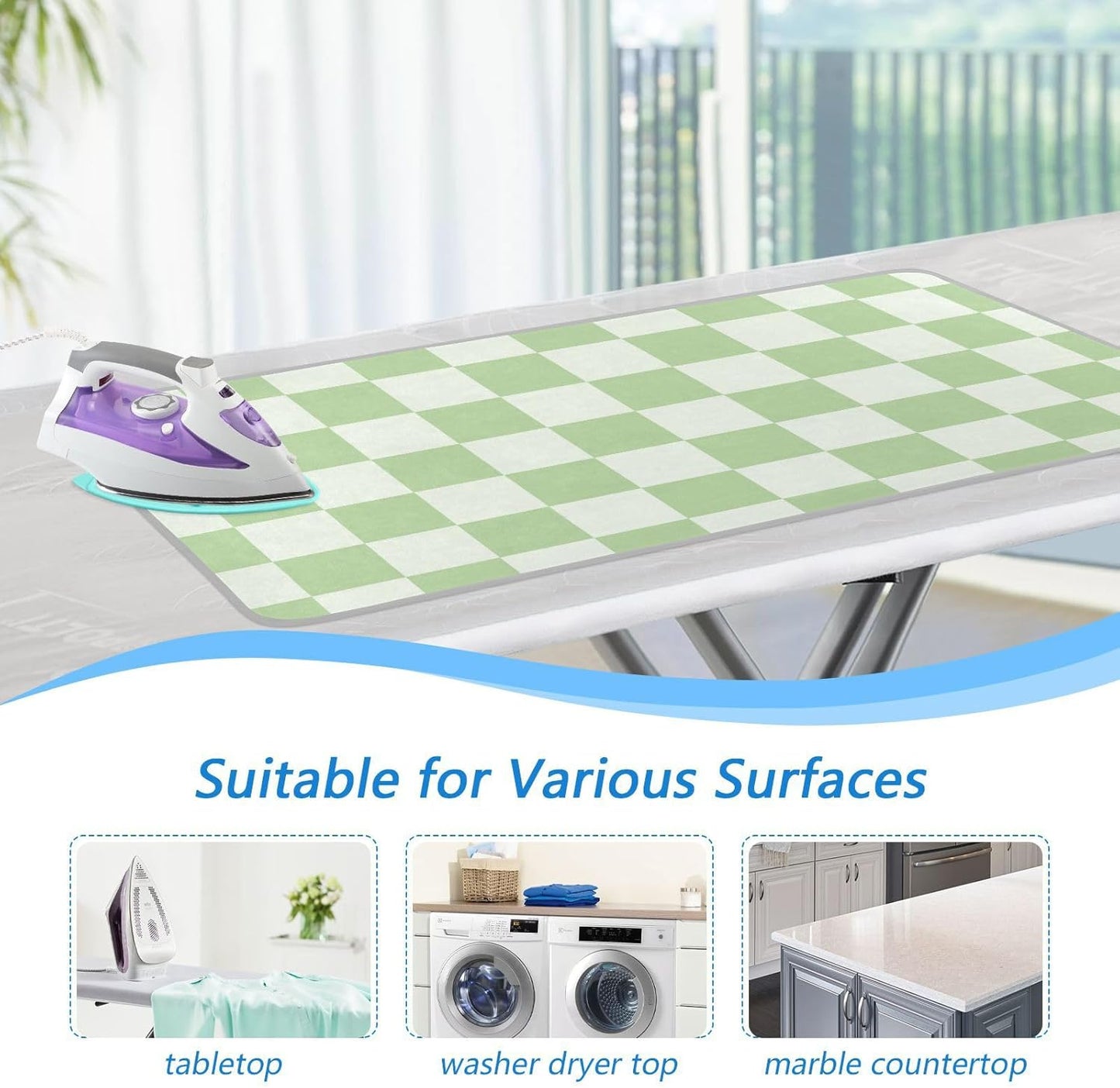 Checkered Mint Green White Plaid Ironing Mat for Table top Portable Ironing Pad Blanket for Washer Dryer Countertop Travel