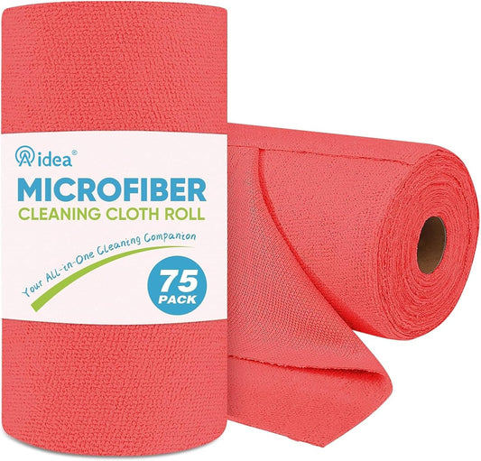 AIDEA Microfiber Cleaning Cloth Roll, 75PK Red, Reusable Paper Towels Tear Away Cloth, Microfiber Towels Washable Shop Rags, Lint Free Cleaning Rags for House, Kitchen, Window, 11.5"×11.5"
