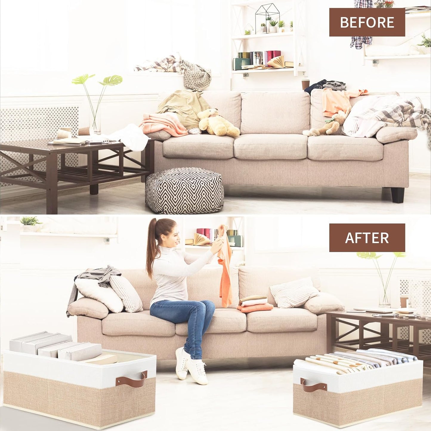 Closet Organizer Bins 3 Pack, Large Storage Bins for Shelves, Foldable Closet Storage Boxes Baskets with Leather Handles for Organizing Clothes, Sheets, Jeans, Toys, Books（Begie）