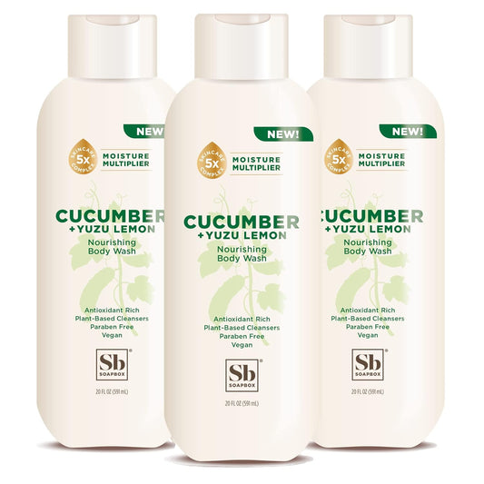 Soapbox Cucumber + Yuzu Lemon Body Wash for Women, Men, Vegan + Antioxidant Rich, Soothing, Moisturizing Soap with Shea Butter, Peptides & Keratin Promoting B3, 3 Pack, 20oz Each
