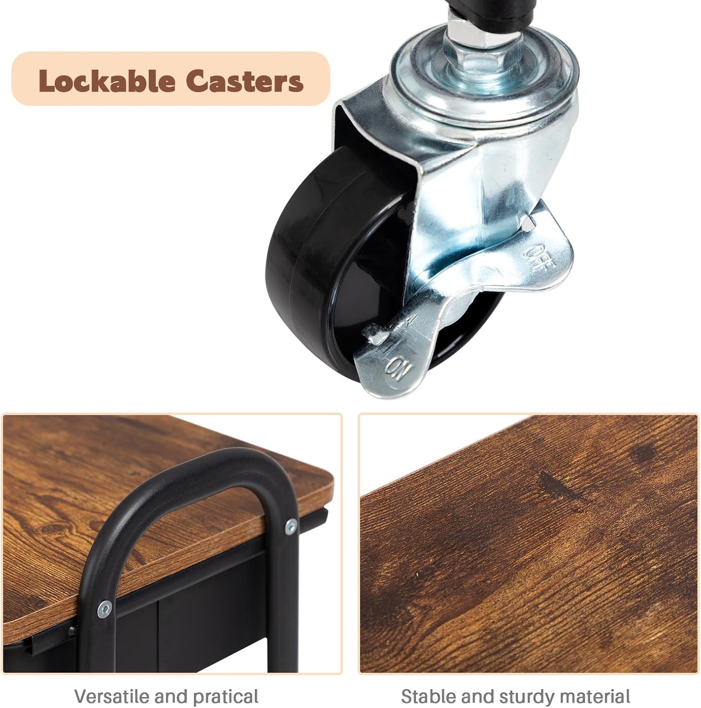 AGTEK Movable Rolling Organizer Cart with Drawer, 3 Tier Metal Utility Cart with Hanging Cups, Drawer with Leather Handle, Mobile Trolley Cart for Home & Office, Black