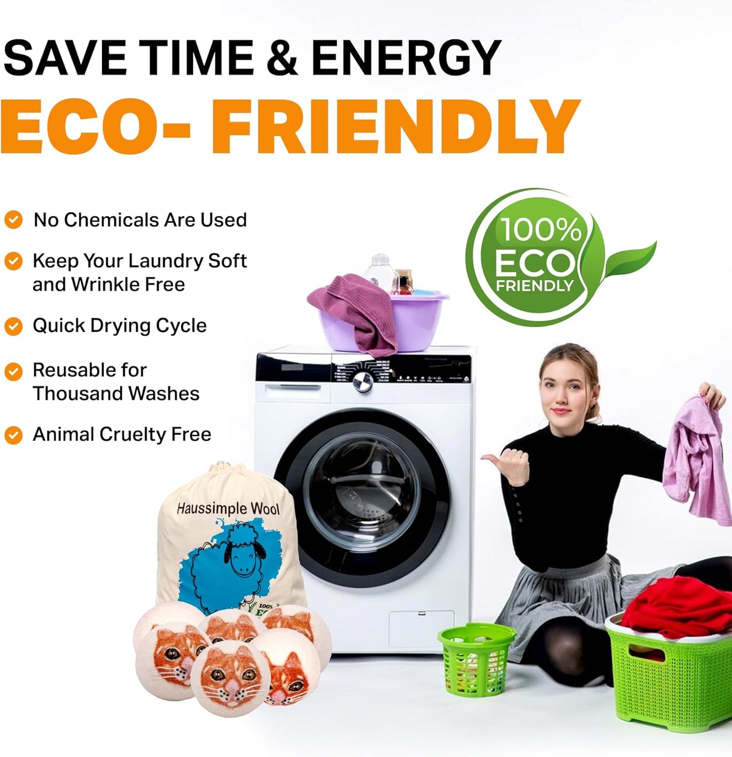 Wool Dryer Balls Organic Felt 6 Pack Laundry Fabric Softener, Extra Large Reusable Handmade Natural Sheep Wool Lint Wrinkle Free Anti Static Baby Safe (Orange Cat)