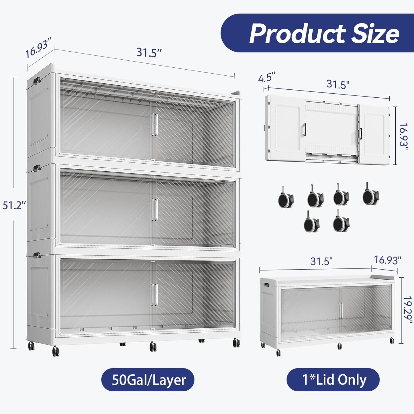 150 Gallon Extra Large Collapsible Storage Bin with Lid, 600QT Stackable Plastic Organizer with 6x Wheels, Foldable Drawer Cabinet for Closet, Living Room Office Dorm 3Pack, White