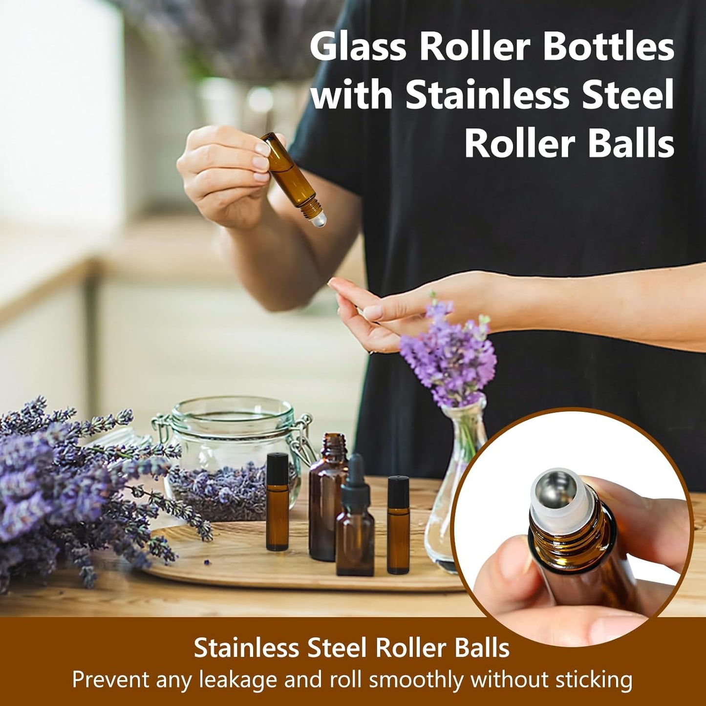 KEYWING 54 Pack Empty Essential Oil Roller Bottles – 10ml Amber Glass Roll-On Bottles with Stainless Steel Roller Balls & Caps, Refillable Perfume Containers for DIY & Travel