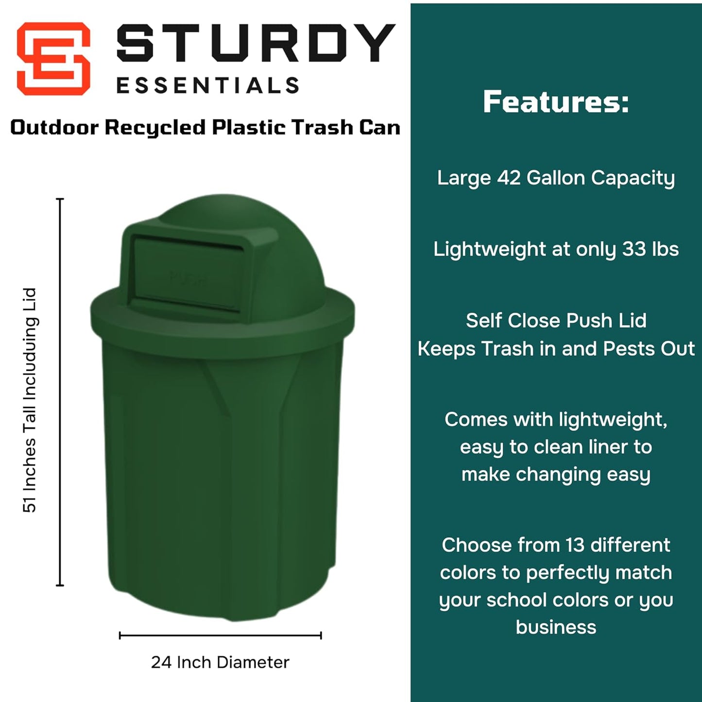 42 Gallon Circle 100% Recycled Plastic Heavy Duty Outdoor Commercial Trash Can with Push Open Dome Lid and Internal Liner - Great for Schools and Businesses - Green