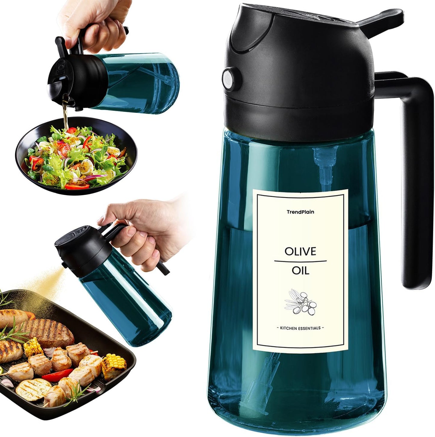 TrendPlain 16oz/470ml Blue Glass Olive Oil Sprayer for Cooking - 2 in 1 Olive Oil Dispenser for Kitchen Gadgets, Air Fryer, Salad, and BBQ - Black