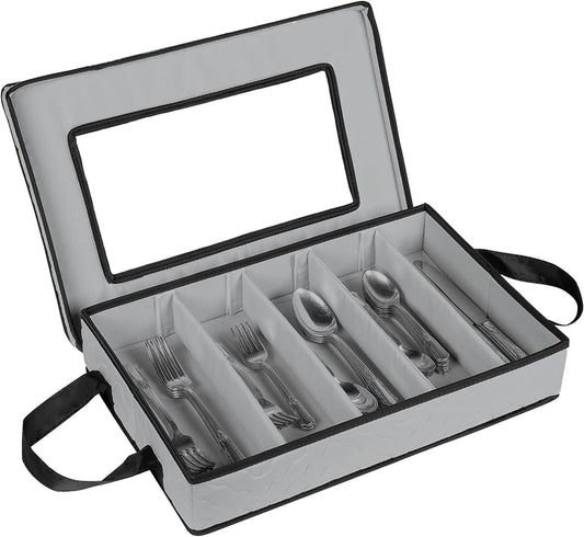 Flatware Storage Case - Durable 5 Compartment Silverware Storage Container Box with Removable Lid and Easy to Carry Handles - Large Capacity Keeps Your Cutlery Organized & Protected - Gray