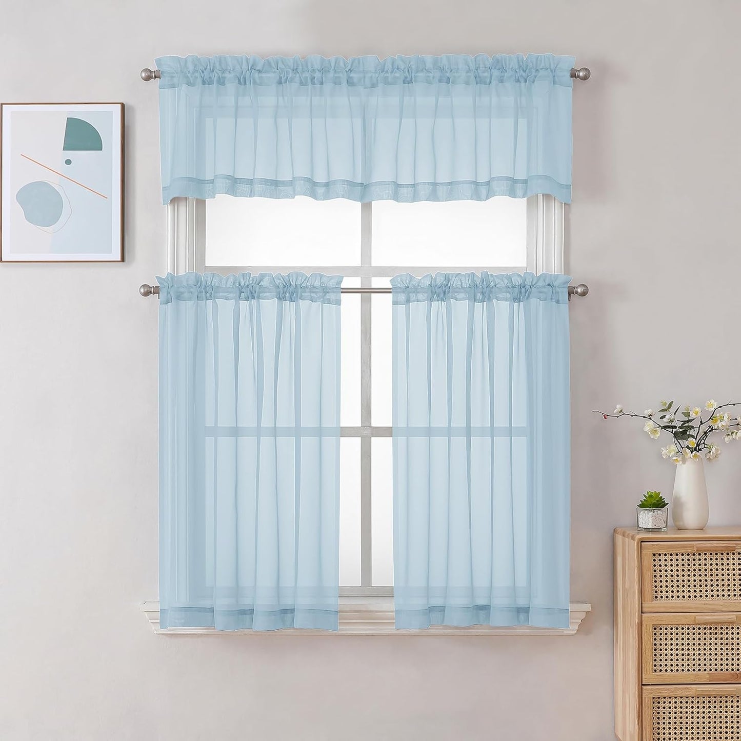 Chyhomenyc Sheer Valances for Windows 2 Pack, Small Window Curtains for Living Room Bathroom Cafe Laundry Basement, Modern Top Dual Rod Pocket Voile Curtain, 42W x 18L inches, Sky Blue